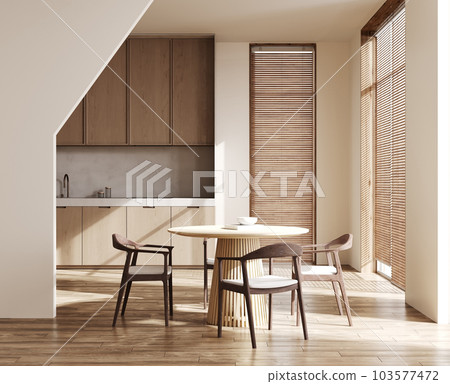 Modern dark kitchen and dining room interior with wooden furniture and kitchenware, luxury kitchen, 3d rendering 103577472