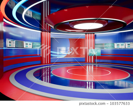 Tv news stage with graphic package, broadcasting world news on international channel. Modern news studio report with screen, television set for production. 3d render animation. 103577633