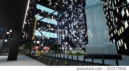 City center with skyscrapers and office buildings, metropolis lights flickering. Modern downtown space with towers and vehicles on street, tall design architecture. 3d render animation. City center with skyscrapers and office buildings, metropolis lights flickering. Modern downtown space with towers and vehicles on street, tall design architecture. 3d render animation. 103577640