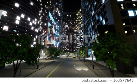 Urban district with city lights flashing at night, dark futuristic metropolis with office buildings and street. Business skyscrapers forming modern landscape design. 3d render animation. 103577645