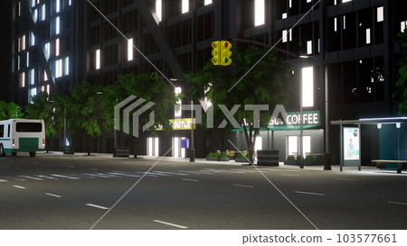 Modern town with tall buildings and office spaces in urban business district, city lights flickering at night. Metropolis structure and architecture, downtown. 3d render animation. Modern town with tall buildings and office spaces in urban business district, city lights flickering at night. Metropolis structure and architecture, downtown. 3d render animation. 103577661