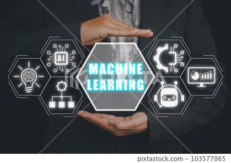 Machine learning concept, Businessman hand holding machine learning icon on virtual screen. Machine learning concept, Businessman hand holding machine learning icon on virtual screen. 103577865