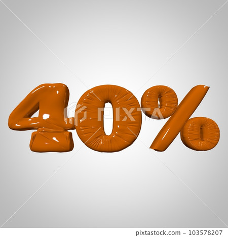 Inflated plastic square illustration of volumetric glossy deformed 3D render of orange percent sign symbol on white gradient background. Balloon metallic. Beautiful volumetric percent sign symbol for 103578207