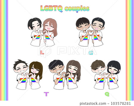 一對 LGBTQ 夫婦微笑著做心形標記的插圖 一對 LGBTQ 夫婦微笑著做心形標記的插圖 103578281