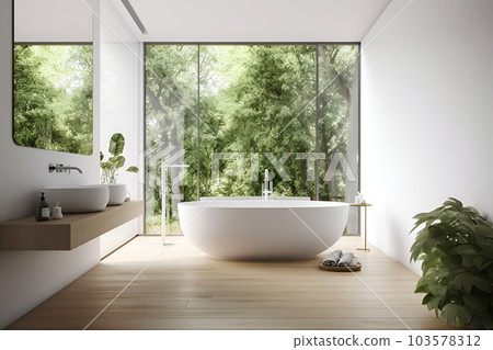 Compact minimalist bathroom with a white bath 103578312