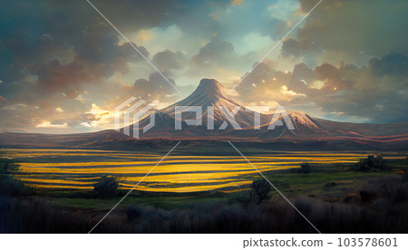 The sun rises behind a high mountain. Sunrise in the mountains. AI-generated The sun rises behind a high mountain. Sunrise in the mountains. AI-generated 103578601