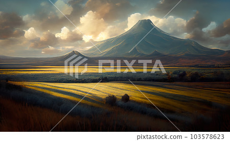 Picturesque mountains under the clouds. Sleeping volcano. Imitation of oil painting. AI-generated Picturesque mountains under the clouds. Sleeping volcano. Imitation of oil painting. AI-generated 103578623