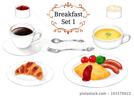 早餐套餐包括煎蛋捲、羊角麵包和咖啡 103578922
