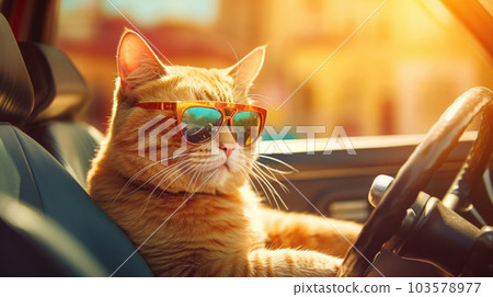 Cool red cat in sunglasses sitting behind the wheel of a car, solar positive light, travel, trip, car license. AI generated. 103578977