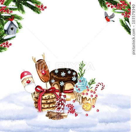 Composition for Christmas. Gifts, cupcake, cake,cookies,fir branches.Watercolor hand drawn illustration. Winter holiday. 103579340