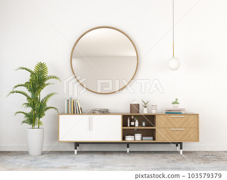 living room interior with wooden sideboard and round hanging mirror. 3D rendering 103579379