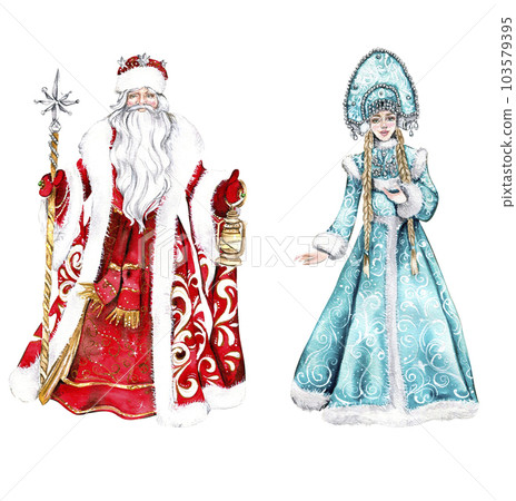 Watercolor illustration of Santa Claus with Christmas stick,long white beard and lamp in hands in Red coat with white ornament and Snow Maiden in a blue dress.Russian Santa Claus and his granddaughter Watercolor illustration of Santa Claus with Christmas stick,long white beard and lamp in hands in Red coat with white ornament and Snow Maiden in a blue dress.Russian Santa Claus and his granddaughter 103579395