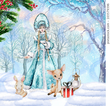Composition for Christmas with Snow Maiden in a blue dress.. Gifts, cupcake, cake,cookies,fir branches.Watercolor hand drawn illustration. Winter holiday. Composition for Christmas with Snow Maiden in a blue dress.. Gifts, cupcake, cake,cookies,fir branches.Watercolor hand drawn illustration. Winter holiday. 103579396