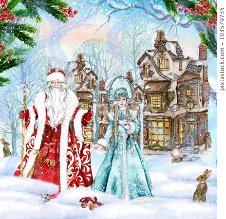 Composition of Santa Claus with Christmas stick,long white beard and lamp in hands in Red coat with white ornament and Snow Maiden in a blue dress with castle behind. Composition of Santa Claus with Christmas stick,long white beard and lamp in hands in Red coat with white ornament and Snow Maiden in a blue dress with castle behind. 103579735