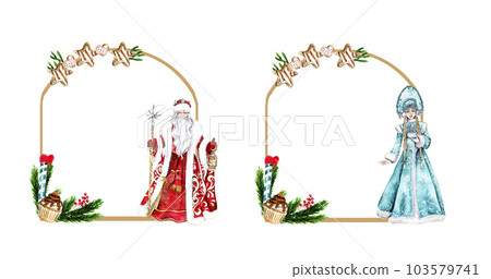 Christmas frame with fir branches and Snow maiden girl in blue dress with Santa Clause in red. Watercolor hand drawn illustration for invitations, greeting cards, prints, packaging and more. Christmas frame with fir branches and Snow maiden girl in blue dress with Santa Clause in red. Watercolor hand drawn illustration for invitations, greeting cards, prints, packaging and more. 103579741