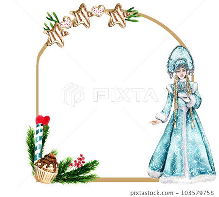 Christmas frame with fir branches and Snow maiden girl in blue dress.Watercolor hand drawn illustration for invitations, greeting cards, prints, packaging and more. Merry christmas and happy new year. Christmas frame with fir branches and Snow maiden girl in blue dress.Watercolor hand drawn illustration for invitations, greeting cards, prints, packaging and more. Merry christmas and happy new year. 103579758