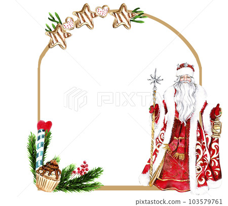 Christmas frame with fir branches and Santa Claus in red.Watercolor hand drawn illustration for invitations, greeting cards, prints, packaging and more. Merry christmas and happy new year. 103579761