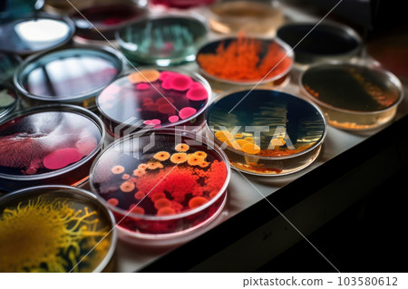 Colorful variety of microorganism inside petri dish plate in laboratory with super macro zoom background, including of bacteria, protozoa, algae, and fungi, with Generative AI. Colorful variety of microorganism inside petri dish plate in laboratory with super macro zoom background, including of bacteria, protozoa, algae, and fungi, with Generative AI. 103580612