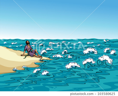 Vector drawing. A man on the shore after a shipwreck 103580625