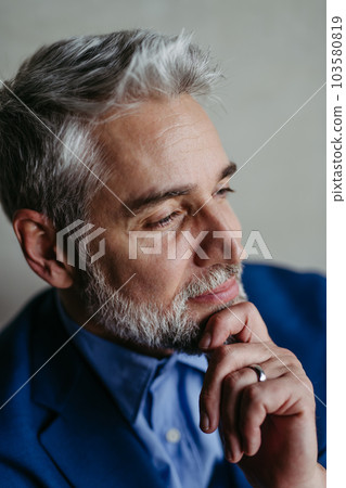Handsome man with gray hair and beard smiling, looking aside studio portrait on gray copy space. Handsome man with gray hair and beard smiling, looking aside studio portrait on gray copy space. 103580819