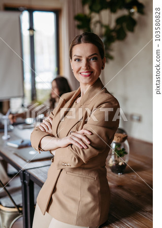 Portrait of confident businesswoman during team meeting. 103580828