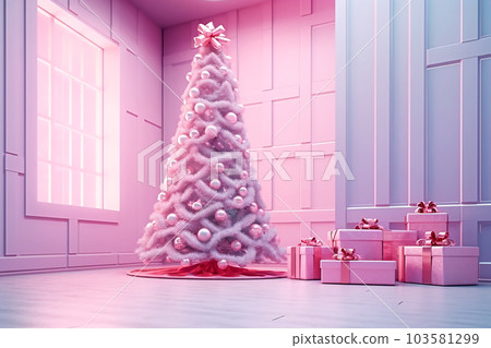 Pink Christmas tree and pink gift boxes with pink bows in pink interior. Generative AI 103581299