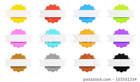 Starburst sticker 3d render set - collection of round sun burst or star shape badges for promo. Price or offer label with copy space. Empty emblem of different colours for sale or discount concept. Starburst sticker 3d render set - collection of round sun burst or star shape badges for promo. Price or offer label with copy space. Empty emblem of different colours for sale or discount concept. 103581334