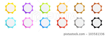 Starburst sticker 3d render set - collection of round sun burst or star shape badges for promo. Price or offer label with copy space. Empty emblem of different colours for sale or discount concept. Starburst sticker 3d render set - collection of round sun burst or star shape badges for promo. Price or offer label with copy space. Empty emblem of different colours for sale or discount concept. 103581336