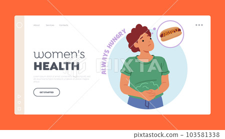Women's Health Landing Page Template. Female Character Feel Constant Hunger Is Common Symptom Of Diabetes Women's Health Landing Page Template. Female Character Feel Constant Hunger Is Common Symptom Of Diabetes 103581338