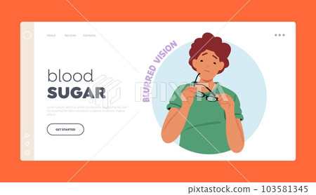 Blood Sugar Landing Page Template. Female Character With Impaired Eyesight Resulting From Diabetes, Blurred Vision Blood Sugar Landing Page Template. Female Character With Impaired Eyesight Resulting From Diabetes, Blurred Vision 103581345