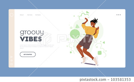 Groovy Vibes Landing Page Template. African American Female Character Performer Defying Gravity With A Mind-bending Pose 103581353
