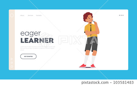 Eager Learner Landing Page Template. Thoughtful School Boy Character Lost In Contemplation, Vector Illustration 103581483