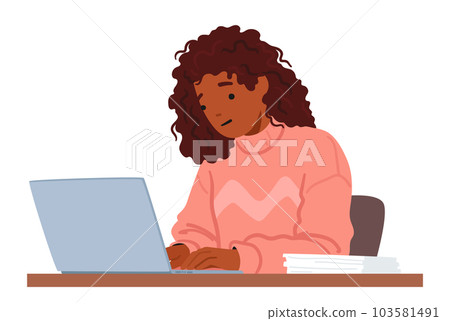 Focused Woman Character Typing On Laptop, Engrossed In Work. Her Fingers Dance Across The Keyboard With Precision 103581491
