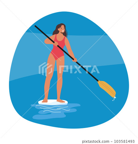 Female Paddleboarder Gracefully Glides Across The Water, Confidently Maneuvering Her Sup Board While Enjoying Swim 103581493