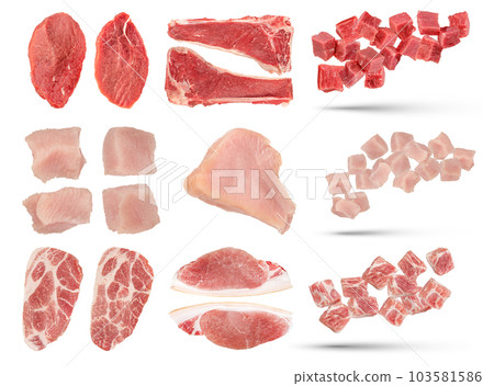 Pieces of raw meat of different varieties isolated on white background. Set of fresh meat pieces of turkey, pork and beef. A large set of meat to insert into a design or project. Pieces of raw meat of different varieties isolated on white background. Set of fresh meat pieces of turkey, pork and beef. A large set of meat to insert into a design or project. 103581586