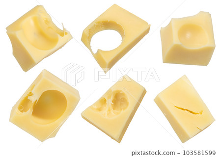 Pieces of emmental cheese on a white isolated background. Pieces fly off in all directions. To be inserted into a design or project. Pieces of emmental cheese on a white isolated background. Pieces fly off in all directions. To be inserted into a design or project. 103581599