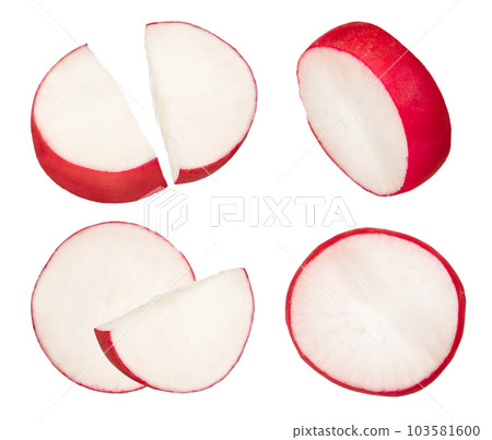 Radish slices isolated on white background. Many radish slices fall at different angles on a white background. The concept of the season of vegetables and the preparation of delicious, healthy food. Radish slices isolated on white background. Many radish slices fall at different angles on a white background. The concept of the season of vegetables and the preparation of delicious, healthy food. 103581600