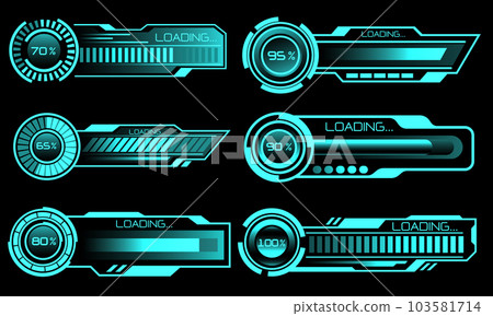 Set of HUD modern loading progress bars user interface elements design technology cyber blue on black futuristic vector Set of HUD modern loading progress bars user interface elements design technology cyber blue on black futuristic vector 103581714