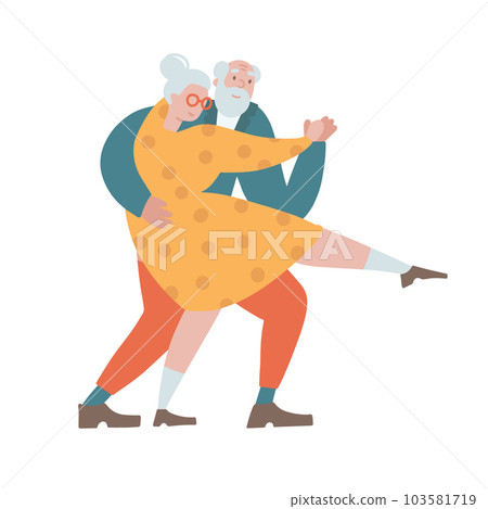 Funny senior couple people dancing tango together. Old man and woman dancing retro popular romantic dance, romance of grandma and grandpa on pension. Isolated hand drawn flat vector illustration. Funny senior couple people dancing tango together. Old man and woman dancing retro popular romantic dance, romance of grandma and grandpa on pension. Isolated hand drawn flat vector illustration. 103581719