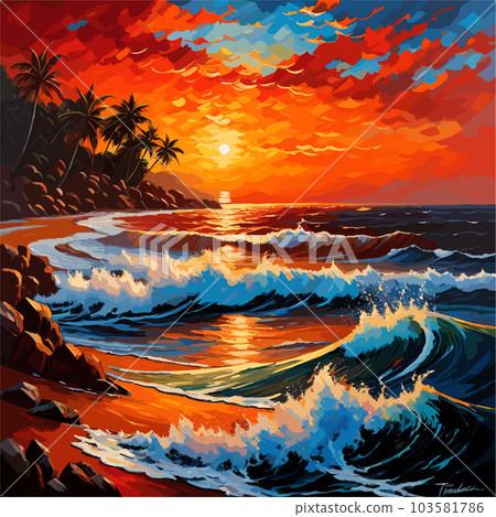 watercolor art of a beach in evening. with huge waves. wallpaper watercolor art of a beach in evening. with huge waves. wallpaper 103581786