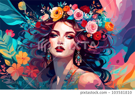 beautiful women portrait with flowers vector art wallpaper in colorful background 103581810