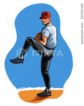 Baseball player throwing a ball. Hand drawn ink on paper and hand colored on tablet 103582168