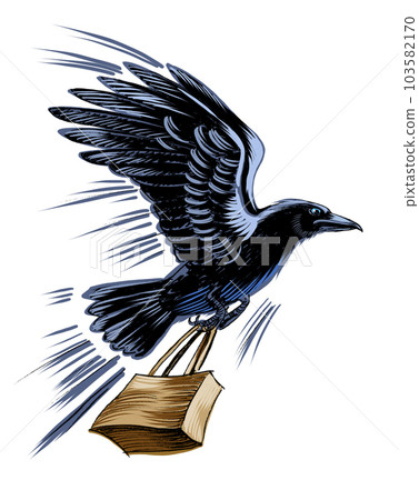 Flying crow with shopping bags. Hand drawn ink on paper and hand colored on tablet Flying crow with shopping bags. Hand drawn ink on paper and hand colored on tablet 103582170