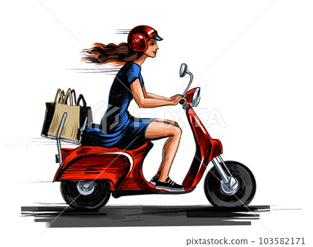 Pretty girl riding a scooter with shopping bags. Hand drawn ink on paper and hand colored on tablet Pretty girl riding a scooter with shopping bags. Hand drawn ink on paper and hand colored on tablet 103582171