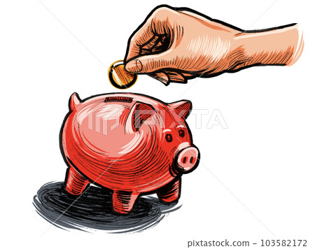 Hand and piggy bank. Hand drawn ink on paper and hand colored on tablet 103582172
