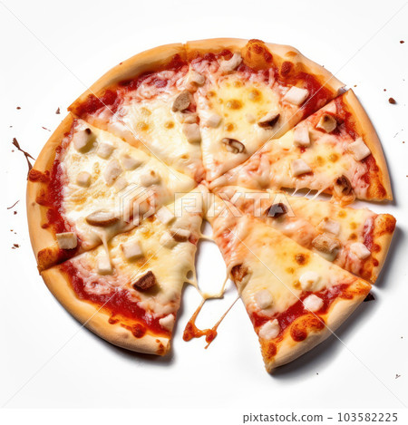 Homemade pizza with a thick and chewy crust, topped with tangy tomato sauce, melted cheese, and your favorite toppings. Comfort food at its finest. AI Generative. 103582225