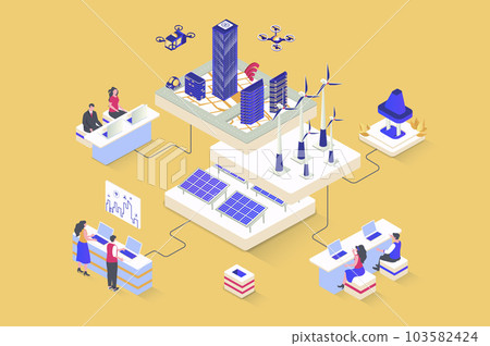 Green city concept in 3d isometric design. Cityscape with skyscrapers, alternative energy sources and eco friendly infrastructure. Vector illustration with isometry people scene for web graphic 103582424