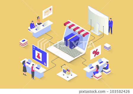 Discount of goods concept in 3d isometric design. Attracting new customers with promotions in store, bargain online shopping and gifts. Vector illustration with isometry people scene for web graphic 103582426