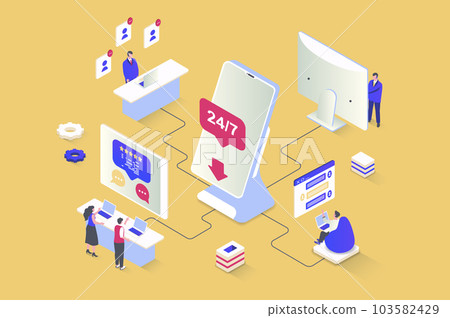 Customer support concept in 3d isometric design. Call center operators answering calls and consulting clients in chat of solve problems. Vector illustration with isometry people scene for web graphic 103582429