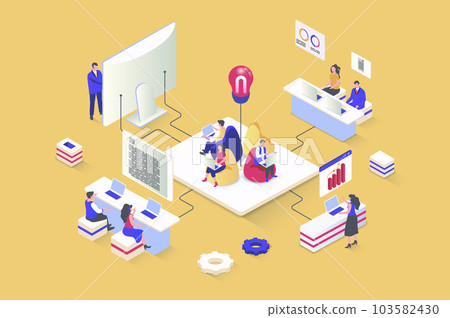 Coworking concept in 3d isometric design. Colleagues or freelancers work on laptop in open space office, team collaborate at workplace. Vector illustration with isometry people scene for web graphic Coworking concept in 3d isometric design. Colleagues or freelancers work on laptop in open space office, team collaborate at workplace. Vector illustration with isometry people scene for web graphic 103582430